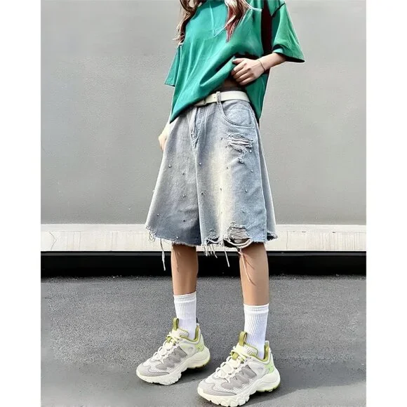 Unisex Denim Jorts Baggy Ripped Rhinestone Mid-Low Bermuda Streetwear - Picture 3 of 6